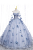 Off The Shoulder Blue Tulle Prom Dress With Flowers, Princess Quinceanera APP0839