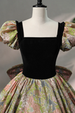 Elegant Black Puffy Short Sleeve Floor Length Prom Dress, A Line Floral Pattern Evening Dress APP0840