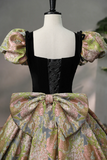 Elegant Black Puffy Short Sleeve Floor Length Prom Dress, A Line Floral Pattern Evening Dress APP0840