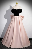 Black Velvet and Pink Satin Long Prom Dress, Beautiful A Line Evening Party Dress with Bow APP0843