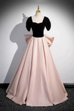 Black Velvet and Pink Satin Long Prom Dress, Beautiful A Line Evening Party Dress with Bow APP0843