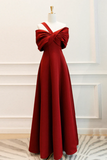 A Line One Shoulder Satin Burgundy Long Prom Dress, Burgundy Long Formal Dress APP0844