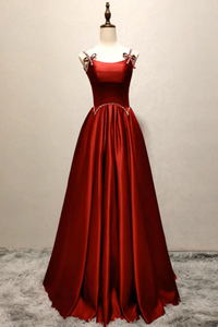 A Line Satin Burgundy Long Prom Dress, Burgundy Long Formal Dress APP0845