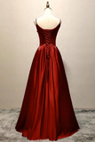 A Line Satin Burgundy Long Prom Dress, Burgundy Long Formal Dress APP0845