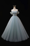 Dusty Blue Tulle Beaded Floor Length Formal Dress, Off the Shoulder A Line Evening Party Dress APP0846