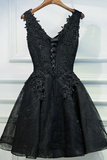 A Line V Neck Short Black Lace Prom Dresses, Black Short Formal Dresses APP0847