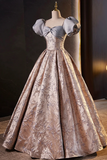 Fashion Floor Length Printing Prom Dresses, A Line Short Sleeve Backless Evening Formal Dresses APP0851