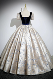Blue Velvet Floor Length Printing Prom Dresses, A Line Short Sleeve Evening Formal Dresses APP0852