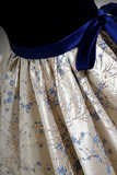 Blue Velvet Floor Length Printing Prom Dresses, A Line Short Sleeve Evening Formal Dresses APP0852
