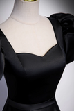 Black Satin Floor Length Prom Dress, Simple Black Short Sleeve Evening Dress APP0853