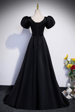 Black Satin Floor Length Prom Dress, Simple Black Short Sleeve Evening Dress APP0853