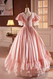Pink Satin Lace Long Prom Dress, Pink Short Sleeve Evening Party Dress APP0854