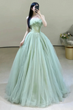 Strapless Green Tulle Long Prom Dresses, Green Tulle Long Formal Evening Dresses APP0856