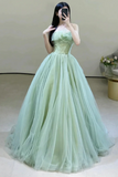 Strapless Green Tulle Long Prom Dresses, Green Tulle Long Formal Evening Dresses APP0856
