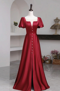 Short Sleeves Burgundy Long Prom Dresses with High Slit, Wine Red High Slit Long Formal Evening Dresses APP0857