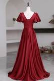 Short Sleeves Burgundy Long Prom Dresses with High Slit, Wine Red High Slit Long Formal Evening Dresses APP0857