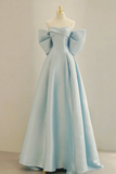 Off the Shoulder Blue Satin Long Prom Dresses, Off Shoulder Blue Long Formal Evening Dresses APP0858