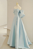 Off the Shoulder Blue Satin Long Prom Dresses, Off Shoulder Blue Long Formal Evening Dresses APP0858