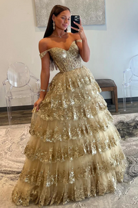 Champagne Tulle Sequins Long Prom Dress, Off the Shoulder Evening Party Gown APP08598