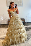 Champagne Tulle Sequins Long Prom Dress, Off the Shoulder Evening Party Gown APP08598