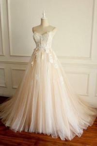 Champagne Tulle Straps Long Party Dress, A Line Prom Dress APP0860