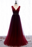Wine Red V Neckline Beaded Tulle Long Party Dress, A Line Gradient Prom Dress APP0862