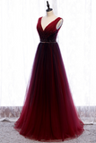 Wine Red V Neckline Beaded Tulle Long Party Dress, A Line Gradient Prom Dress APP0862