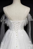 White Lace A Line Tea Length Prom Dress, Simple Wedding Dresses APP0865