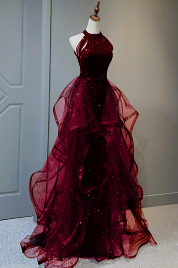 Wine Red Tulle and Sequins New Style Prom Dress, Wine Red Long Evening Dress APP0867