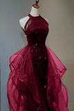 Wine Red Tulle and Sequins New Style Prom Dress, Wine Red Long Evening Dress APP0867