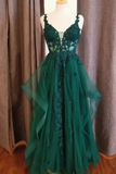 Green Tulle V Neck Long Prom Dress with Lace, V Neck Long Green Lace Formal Evening Dress APP0868