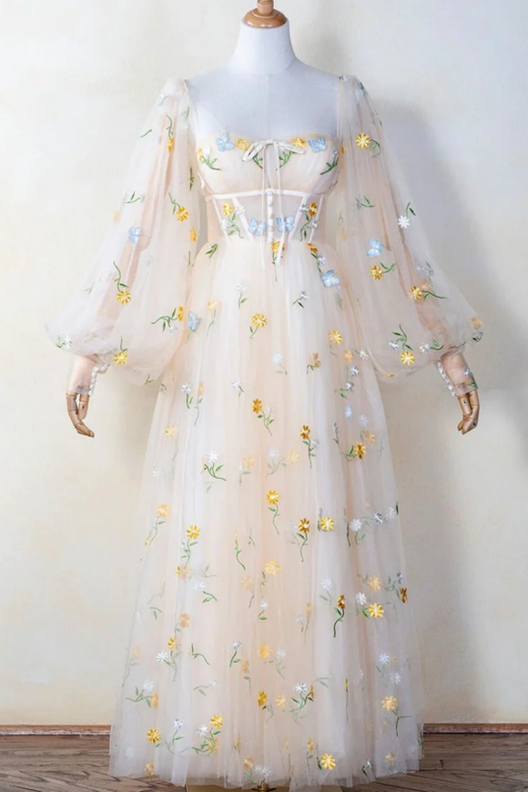 Light Champagne Floral Tulle Long Party Dress, A Line Long Sleeves Prom Dress APP0870