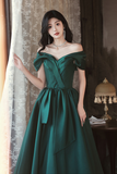 Green Satin Off Shoulder Long Party Dress, Green A Line Chic Prom Dress APP0871
