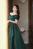 Green Satin Off Shoulder Long Party Dress, Green A Line Chic Prom Dress APP0871
