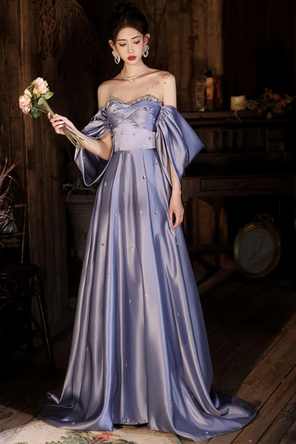 Light Purple Satin Beaded Off Shoulder Prom Dress, Light Purple Evenin Anneprom Light Purple Satin Beaded Off Shoulder Prom Dress, Light Purple Evenin Anneprom