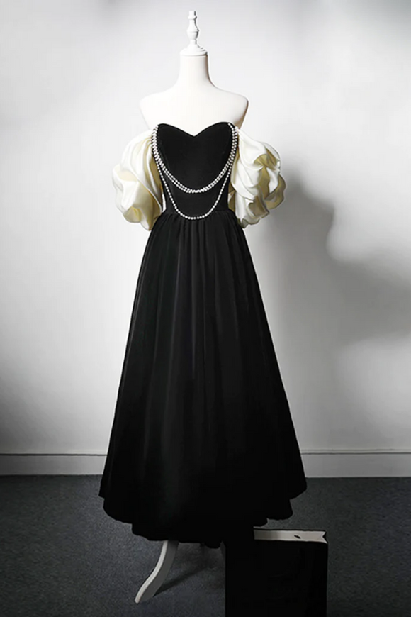 A Line Velvet Tea Length Black Prom Dress, Tea Length Black Formal Dress APP0873