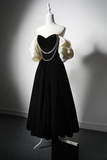 A Line Velvet Tea Length Black Prom Dress, Tea Length Black Formal Dress APP0873