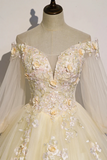 Champagne Tulle Lace Floor Length Prom Dress, Off Shoulder Long Sleeve Evening Dress APP0874