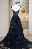 A Line Tulle Sequin Black Long Prom Dress, Black Sequin Long Formal Dress APP0875