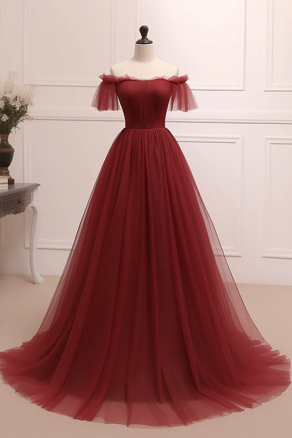 A Line Burgundy Tulle Long Prom Dress, Burgundy Long Evening Dress APP0877