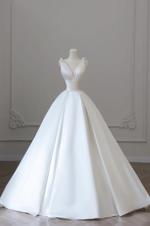 A Line V Neck Satin Wedding Dress, White Satin Bridal Gown with Bow APW0428
