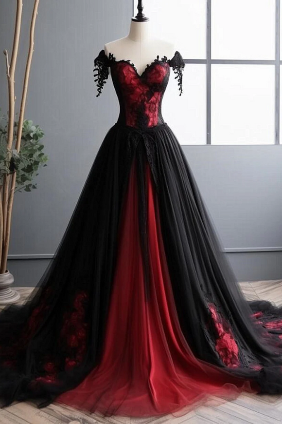 Black and Red Tulle Long Prom Dress, Black and Red Formal Gown APP0879