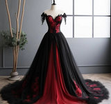 Black and Red Tulle Long Prom Dress, Black and Red Formal Gown APP0879