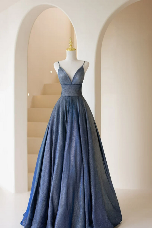 Fashionable A Line Blue Straps V Neckline Long Prom Dress, Blue A Line Evening Dress APP0880