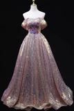 Pink Sequins Off Shoulder A line Long Prom Dress, Sequins Evening Dress APP0881