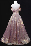 Pink Sequins Off Shoulder A line Long Prom Dress, Sequins Evening Dress APP0881