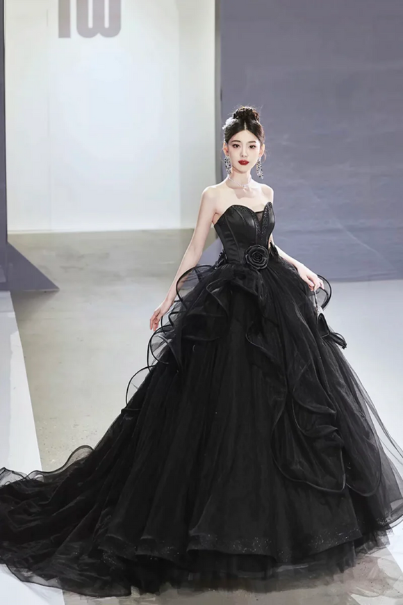 Black Tulle Beaded Long Ball Gown, A Line Strapless Evening Formal Gown APP0886