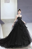 Black Tulle Beaded Long Ball Gown, A Line Strapless Evening Formal Gown APP0886