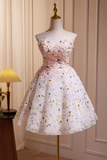 A Line Sweetheart Neck Tulle Flower Light Pink Short Prom Dress, Light Pink Cocktail Dress APH0256