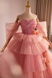 Pink Off the Shoulder Long A Line Ball Gown, Beautiful Tulle Layers Sweet 16 Dress APP0891